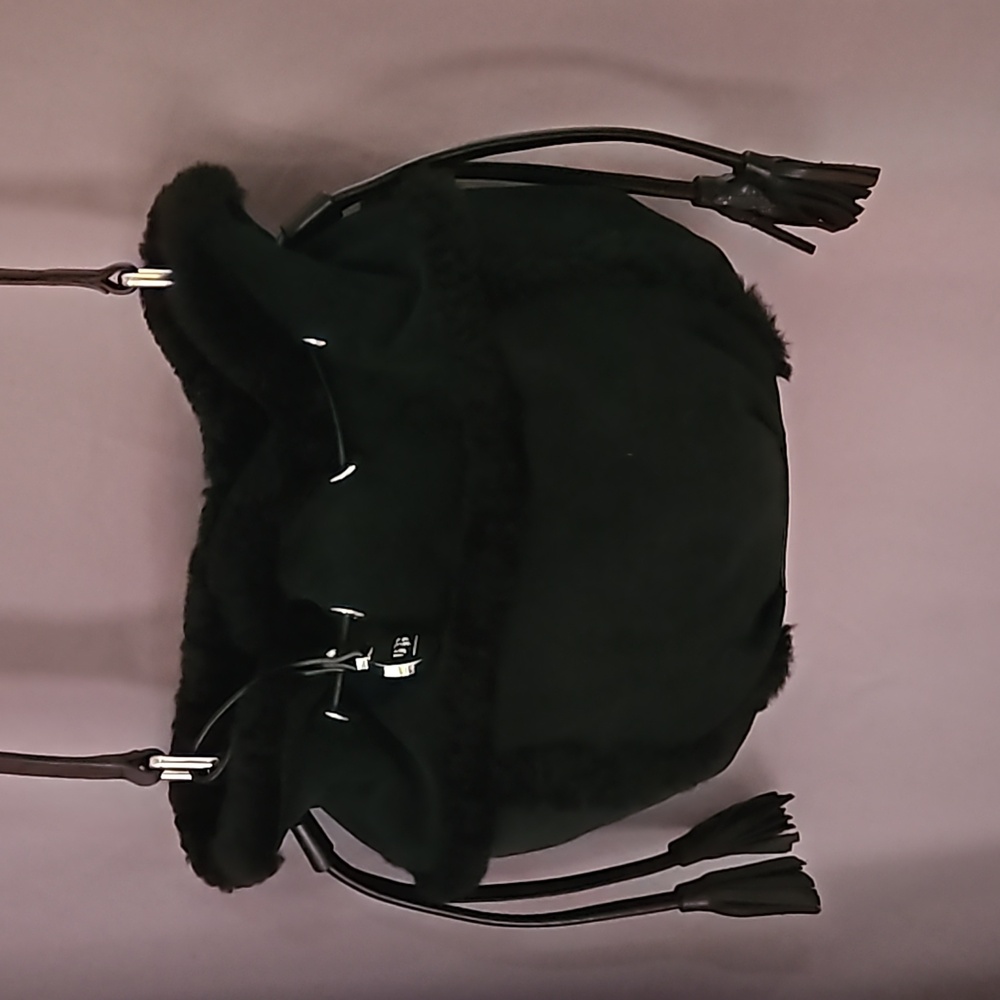 UGG Quinn Black Suede and Sheepskin Drawstring Bag